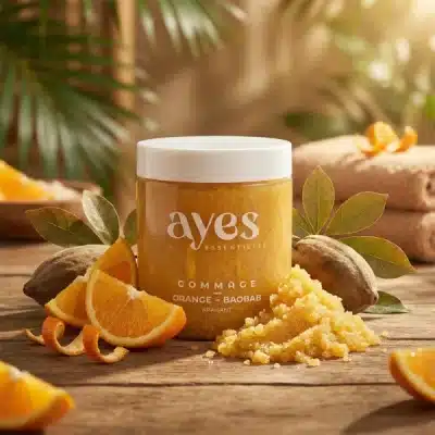 Gommage naturel à l’orange et au baobab de la marque Ayes Essentielle. Exfoliant revitalisant pour une peau douce, lumineuse et hydratée.