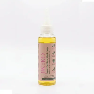Sérum Fortifiant Multi-Usage Jikeko Beauty à l’huile de dattier du désert et de baobab, soin naturel nourrissant pour cheveux et peau.
